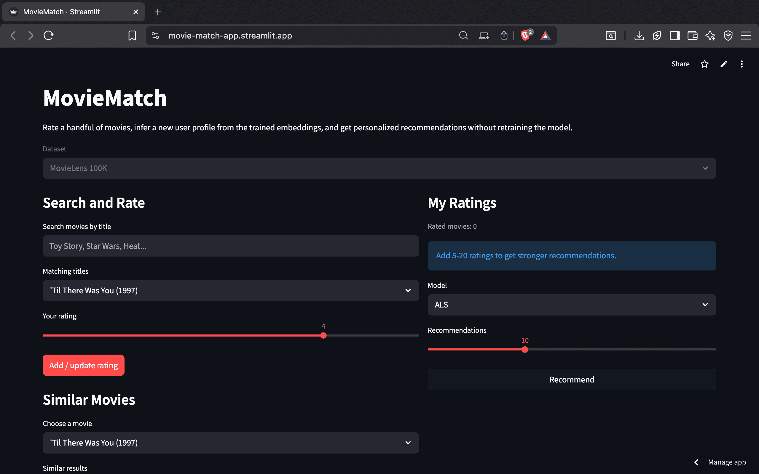 MovieMatch Streamlit interface with search, ratings, and recommendations panels.