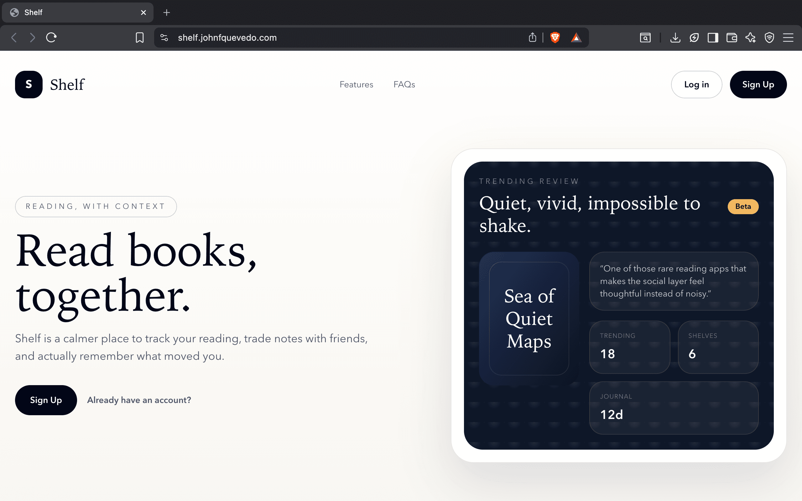 Shelf landing page showing social reading features and interface preview.